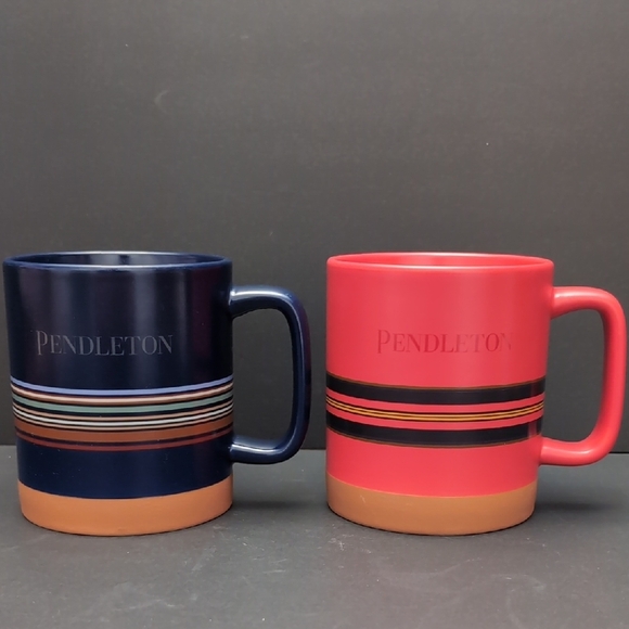 Set of 2 Pendleton Stoneware Mugs Blue/Red Striped. - Picture 1 of 9